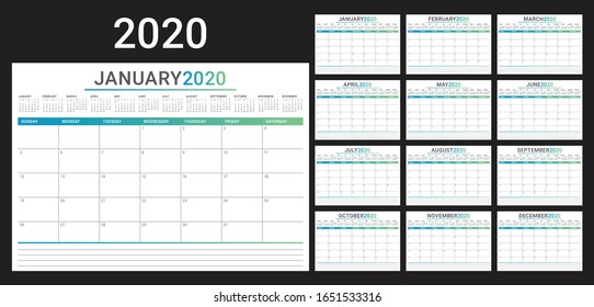 Year 2020 desk calendar vector illustration, simple and clean design. 
