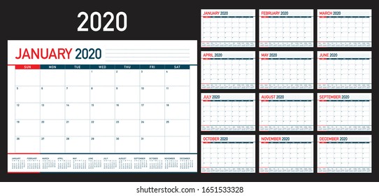 Year 2020 desk calendar vector illustration, simple and clean design. 
