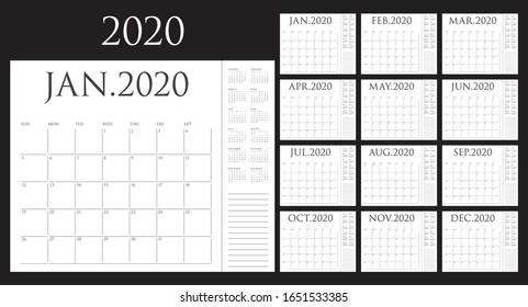 Ilustración vectorial del calendario documental de 2020, diseño sencillo y limpio. 
