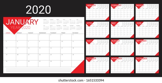 Year 2020 desk calendar vector illustration, simple and clean design. 
