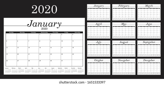 Year 2020 desk calendar vector illustration, simple and clean design. 
