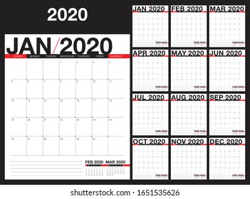 Year 2020 desk calendar vector illustration, simple and clean design. 

