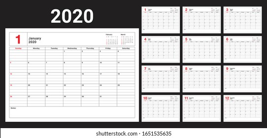 Ilustración vectorial del calendario documental de 2020, diseño sencillo y limpio. 

