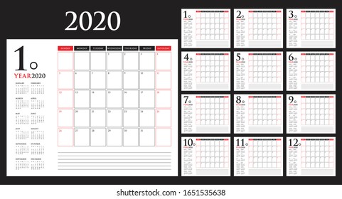 Year 2020 desk calendar vector illustration, simple and clean design. 

