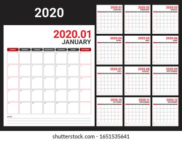 Year 2020 desk calendar vector illustration, simple and clean design. 

