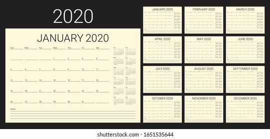 Year 2020 desk calendar vector illustration, simple and clean design. 

