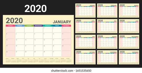 Year 2020 desk calendar vector illustration, simple and clean design. 

