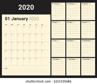 Year 2020 desk calendar vector illustration, simple and clean design. 

