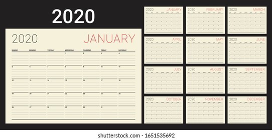 Year 2020 desk calendar vector illustration, simple and clean design. 

