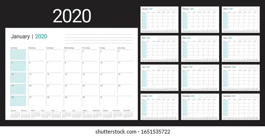 Year 2020 desk calendar vector illustration, simple and clean design. 

