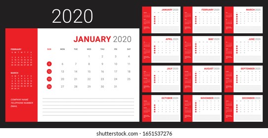 Year 2020 desk calendar vector illustration, simple and clean design. 