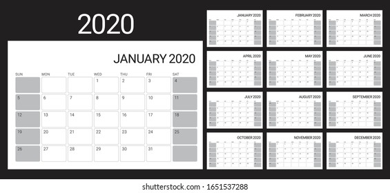 Year 2020 desk calendar vector illustration, simple and clean design. 