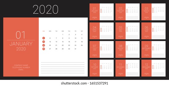 Ilustración vectorial del calendario documental de 2020, diseño sencillo y limpio. 