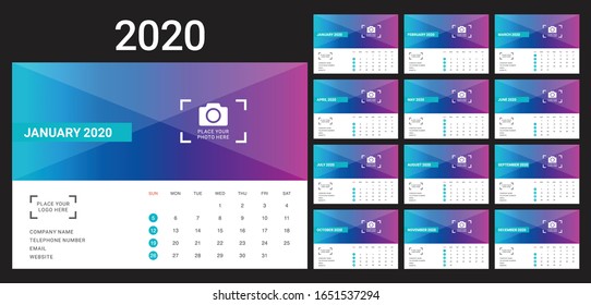 Year 2020 desk calendar vector illustration, simple and clean design. 