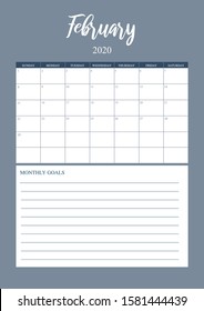 Year 2020 February planner, monthly planner calendar for  February 2020 , trendy colour palette. 