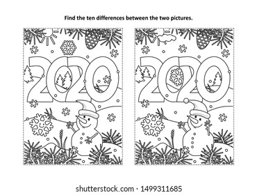 Year 2020 find the ten differences picture puzzle and coloring page with year 2020 heading and winter scene
