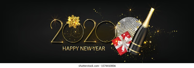 Feliz ​ Año Nuevo ​ 2020 Colores dorados y negros lugar para el juego de plantillas de afiches elegantes de texto
