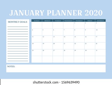 Year 2020 January planner, monthly planner calendar for January 2020 , trendy colour palette. 
