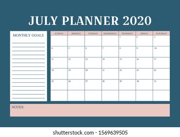 Year 2020 July planner, monthly planner calendar for July 2020, trendy colour palette. 
