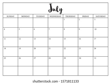 Year 2020 July planner, monthly planner calendar for July 2020 on white background.