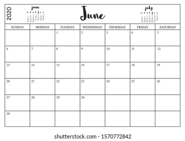 Year 2020 June planner, monthly planner calendar for June 2020 on white background.
