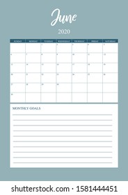 Year 2020 June planner, monthly planner calendar for June 2020 , trendy colour palette. 
