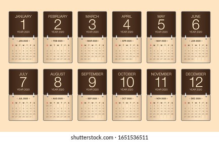 Year 2020 monthly calendar vector illustration, simple and clean design. 

