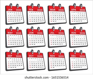 Year 2020 monthly calendar vector illustration, simple and clean design. 
