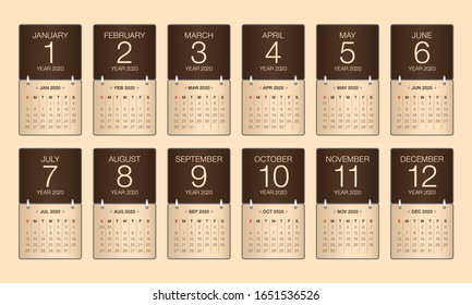 Ilustración vectorial del calendario mensual de 2020, diseño simple y limpio. 
