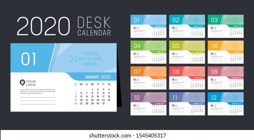 Year 2020 monthly desk calendar. Week starts Sunday. Vector template.