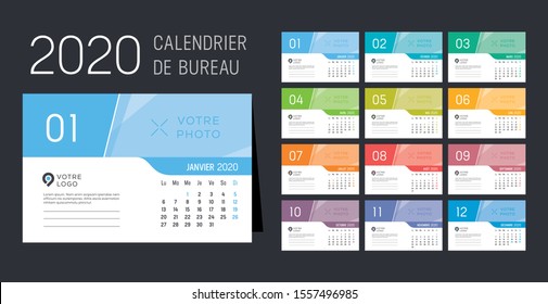 Year 2020 monthly desk calendar, in French language. Vector template.