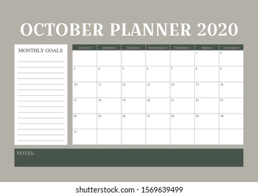 Year 2020 October planner, monthly planner calendar for October 2020 , trendy colour palette. 