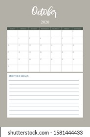 Year 2020 October planner, monthly planner calendar for October 2020 , trendy colour palette. 
