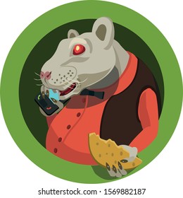 Year 2020 on Chinese horoscope white rat, she ringing on the telephone in red shirt with butterfly she has slice of cheese and congratulates all holiday!