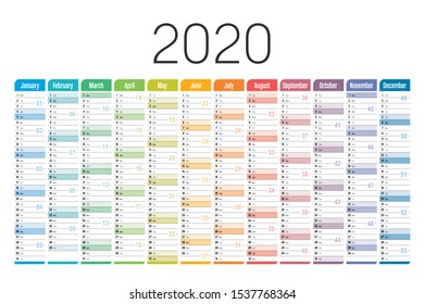 Year 2020 one page colorful calendar, on white background. Vector template.