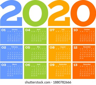 Year 2020 one page month grid calendar, multi colored on white background. Vector template. Annual agenda table. All Months on One Page.