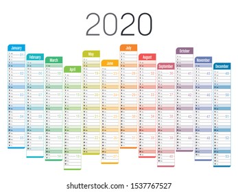 Year 2020 one page unaligned calendar, multi colored on white background. Vector template.