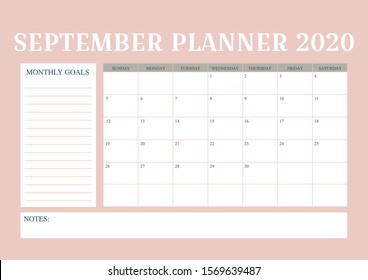 Year 2020 September planner, monthly planner calendar for September 2020 , trendy colour palette. 