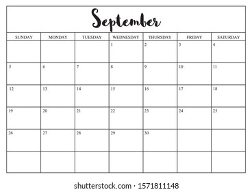 Year 2020 September planner, monthly planner calendar for September 2020 on white background.
