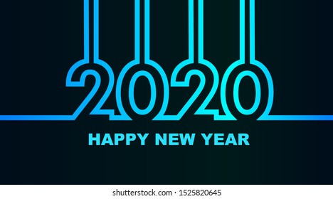 Year 2020 - simple greeting card, invitation, flyer, poster or design element - cold - cyan bluish blue outline - vector illustration