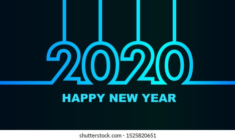 Year 2020 - simple greeting card, invitation, flyer, poster or design element - cold - cyan bluish blue outline - vector illustration