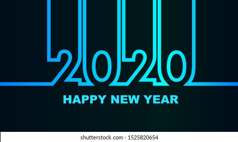 Year 2020 - simple greeting card, invitation, flyer, poster or design element - cold - cyan bluish blue outline - vector illustration