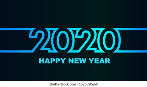 Year 2020 - simple greeting card, invitation, flyer, poster or design element - cold - cyan bluish blue outline - vector illustration
