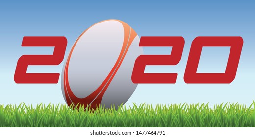 The year 2020 symbolizes the world of rugby with an oval ball placed on the lawn of a field
