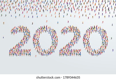 Year 2020 or twenty twenty. Large group of people form to create 2020. people font or number. vector illustration.
