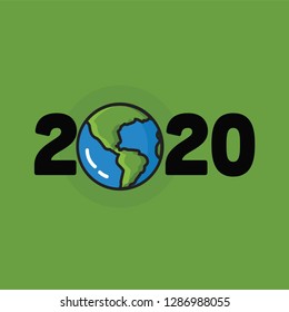 Year 2020 Typography Concept Design with Planet Earth Illustration