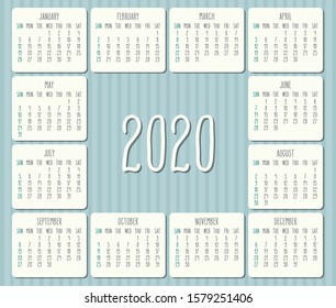 Year 2020 vector monthly calendar. Light pastel blue and white design. Week starting from Sunday.