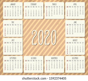 Year 2020 vector monthly calendar. Week starting from Sunday. Vintage brown stripes distressed design.