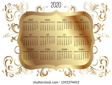 Year 2020 vector monthly calendar. Week starting from Sunday. Victorian ornate golden frame design isolated over white background.