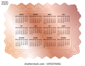 Year 2020 vector monthly calendar. Victorian ornate rose golden frame design isolated over white background. Week starting from Monday.